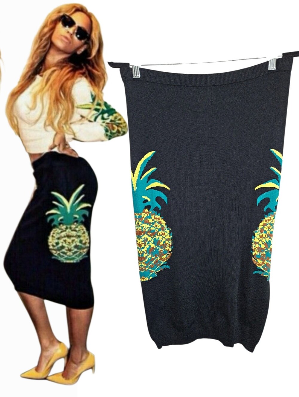 Artelier Nicole Miller Black Knit Midi Skirt Pineapple Women's Small ASO Beyonce